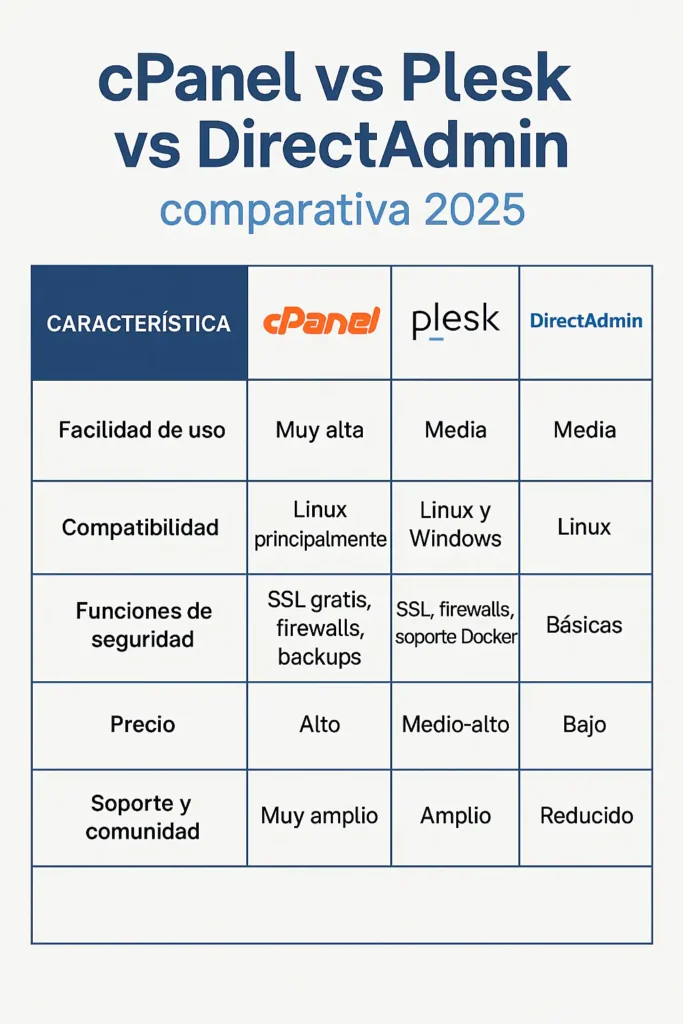 cPanel vs Plesk vs DirectAdmin comparativa 2025