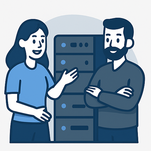 Equipo técnico colaborando frente a servidores, representando el soporte especializado en cPanel con correos corporativos.