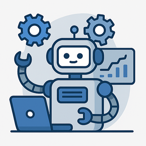 Robot digital gestionando procesos automáticos y servidores, representando la automatización del cPanel con correos corporativos.