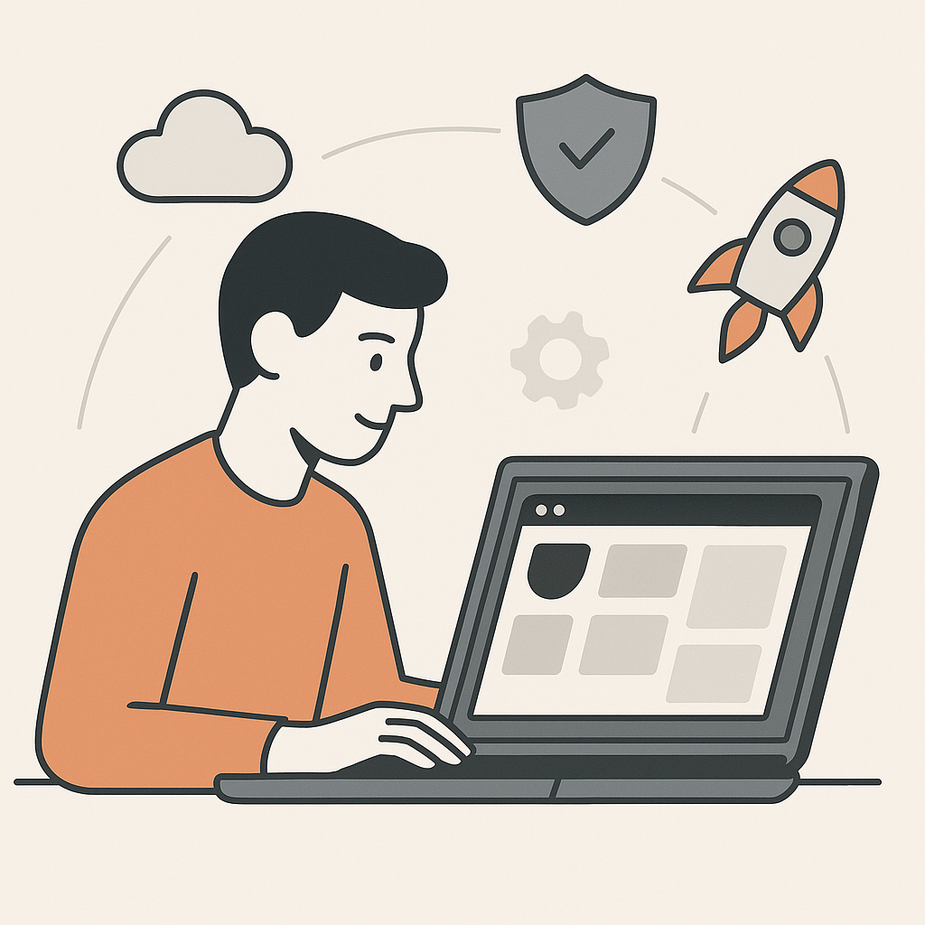 Usuario creando un sitio web desde su laptop con cPanel para novatos, rodeado de íconos que representan funciones de hosting y seguridad.