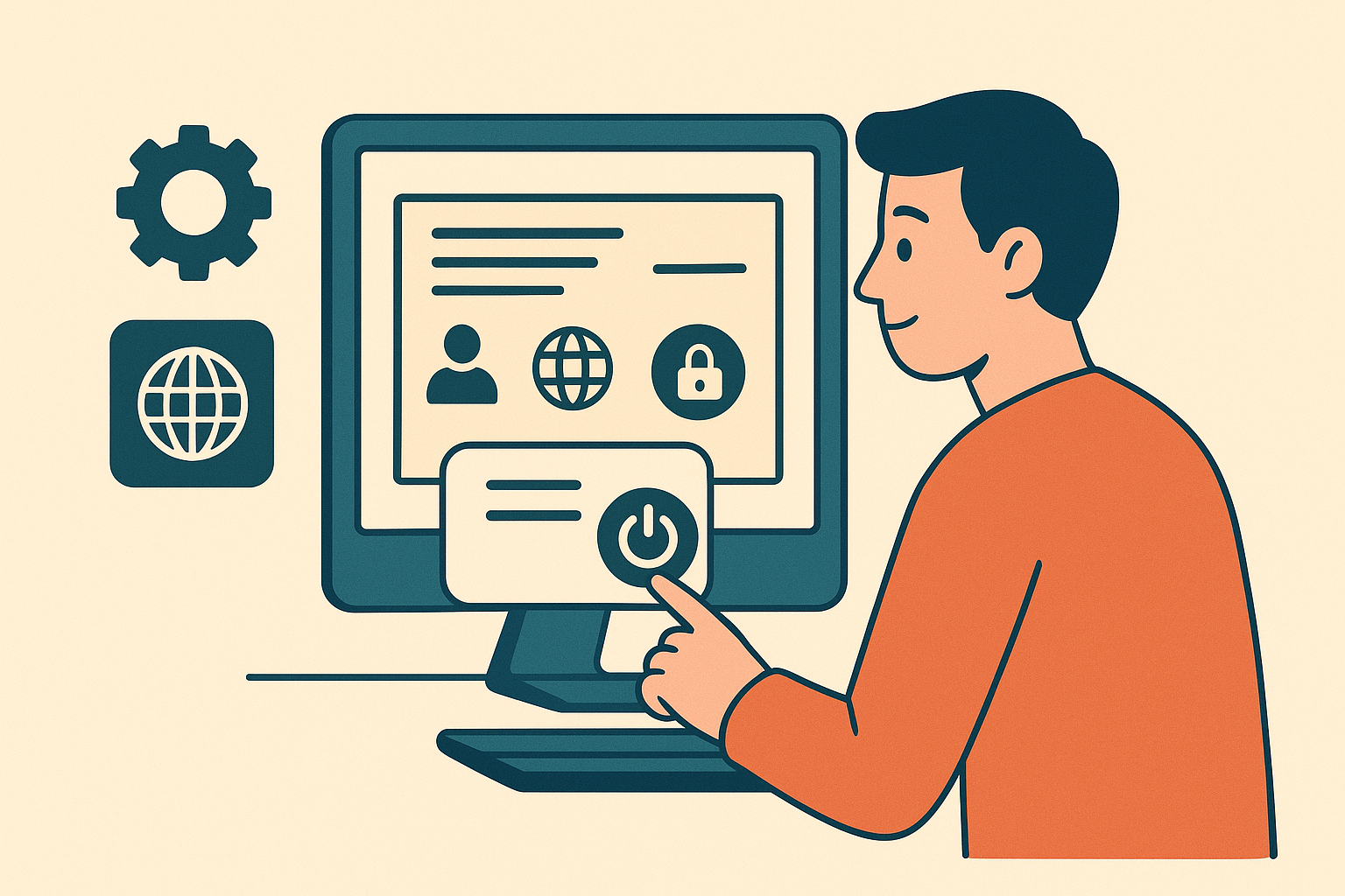 Ilustración de una persona configurando un panel de control cPanel en su computadora, con íconos de seguridad, dominio y ajustes técnicos.