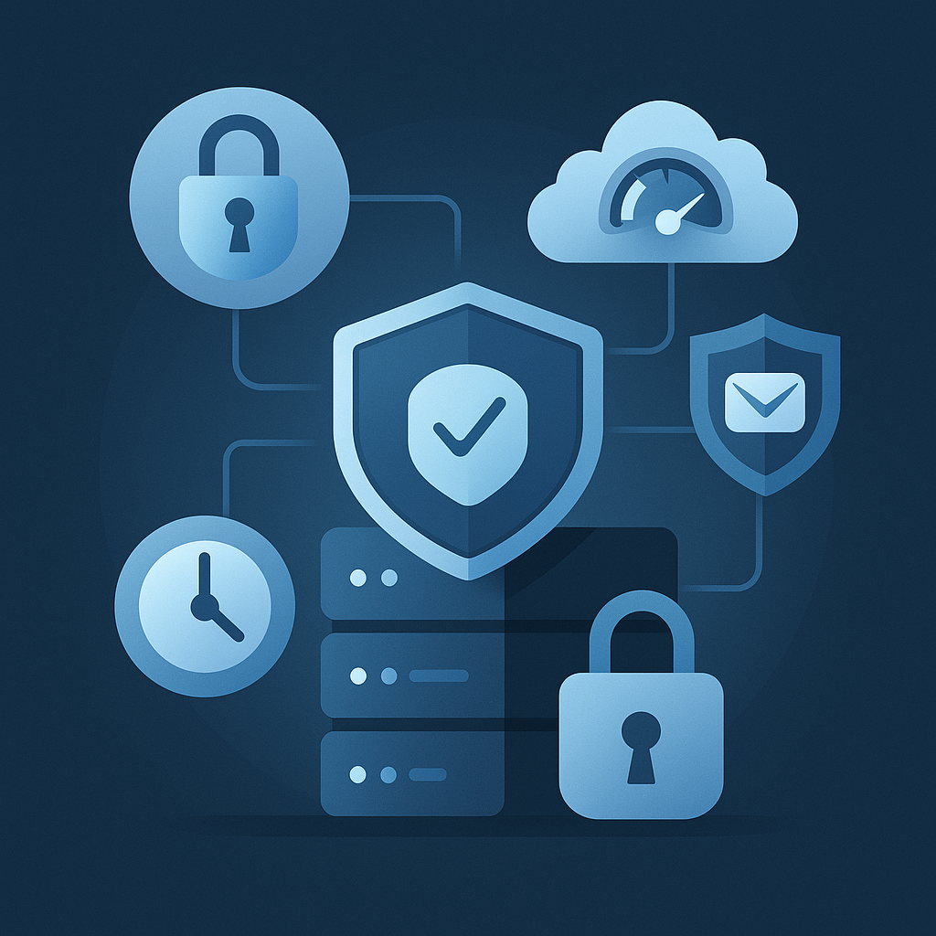 Servidor protegido con íconos de seguridad, candado, nube y escudo que representan la correcta configuración del cPanel con correos corporativos.