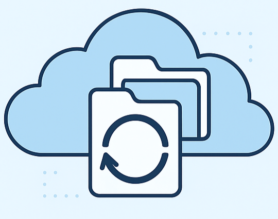 Ilustración de una nube con carpetas y símbolo de respaldo que representa las copias automáticas en un cPanel seguro contra hackeos.