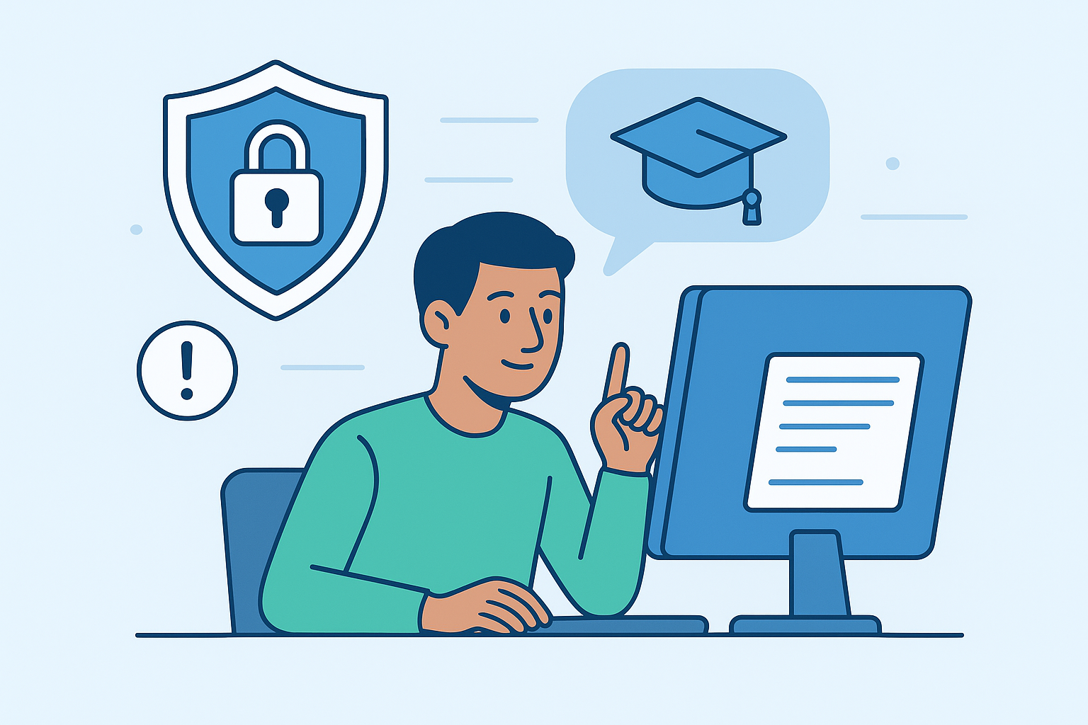 Persona aprendiendo frente a una computadora con iconos de seguridad y educación digital, representando la capacitación para mantener un cPanel seguro contra hackeos.