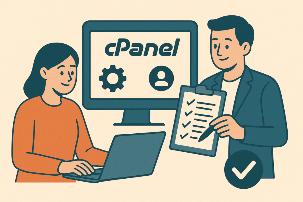 Ilustración en estilo flat que muestra a dos especialistas colaborando frente a una computadora configurando cPanel Express, con íconos de seguridad, correo y optimización.