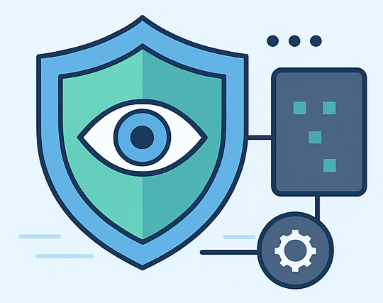 Escudo digital con un ojo vigilante y servidor que representa el sistema ModSecurity en un cPanel seguro contra hackeos.