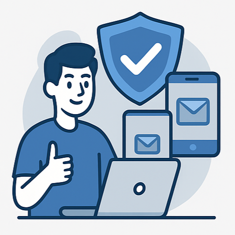 Usuario feliz frente a laptop y dispositivos móviles con escudo de seguridad, simbolizando el rendimiento y protección del cPanel con correos corporativos.