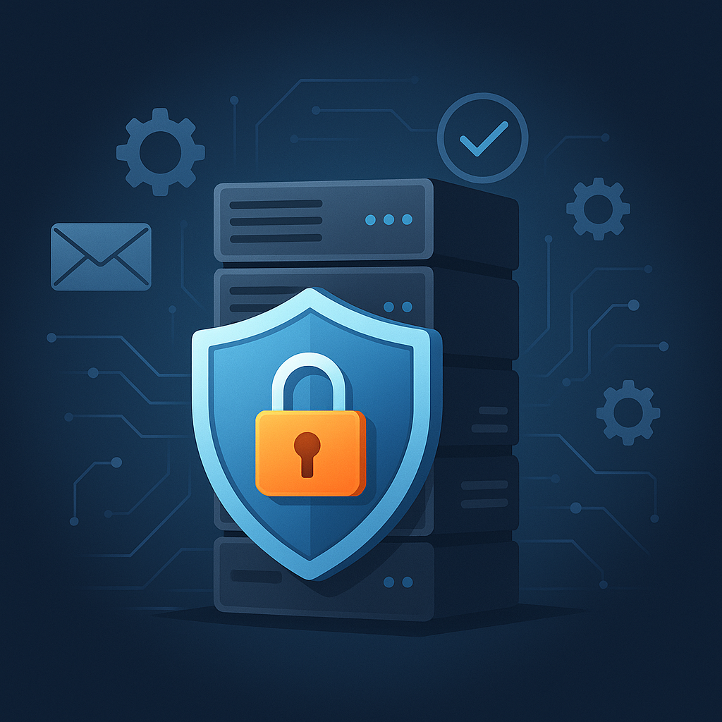 Servidor protegido con escudo y candado que representa la seguridad y mantenimiento del cPanel con correos corporativos.