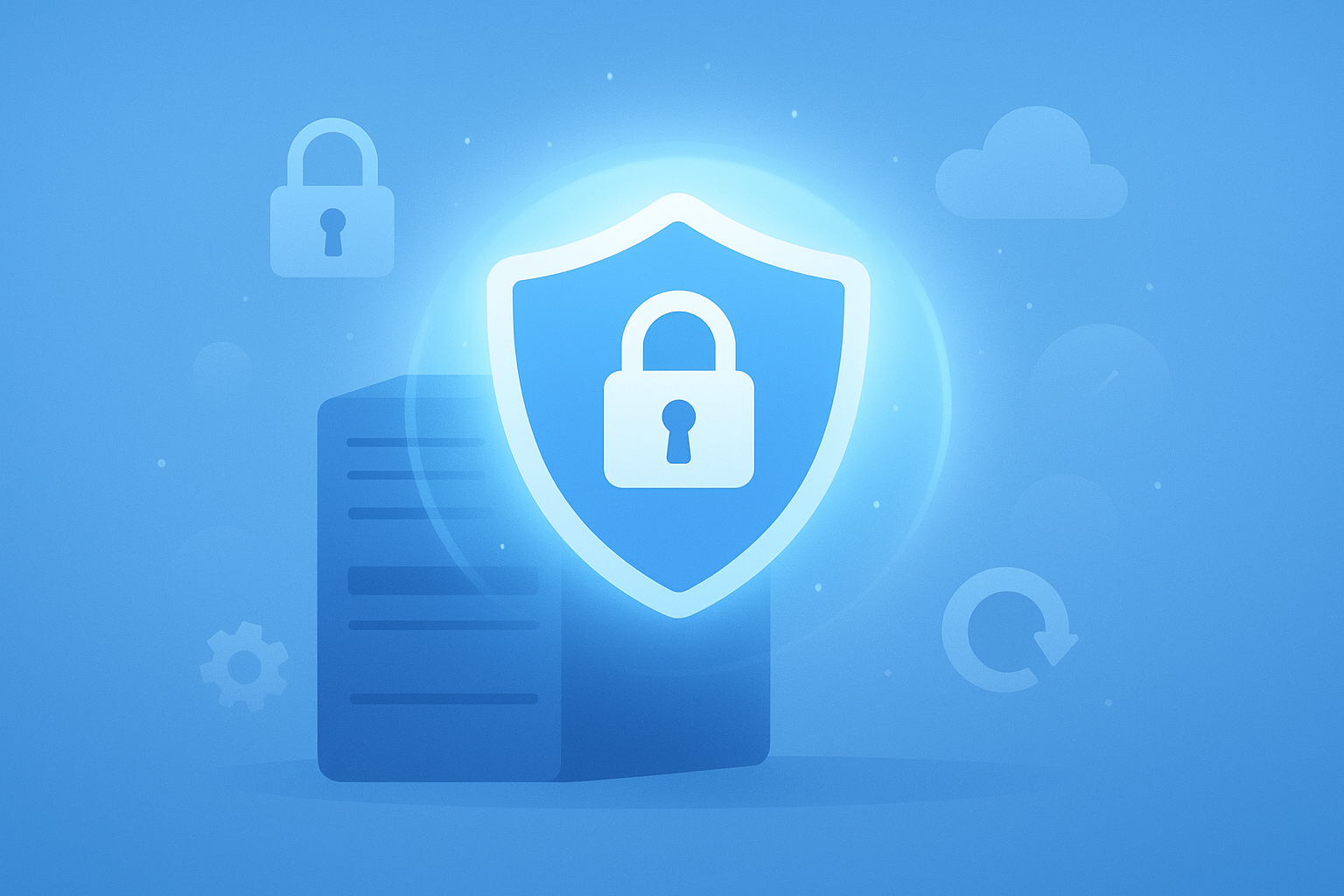 Escudo azul con candado frente a un servidor y símbolos de nube y respaldo, simbolizando la seguridad automática de cPanel para novatos.