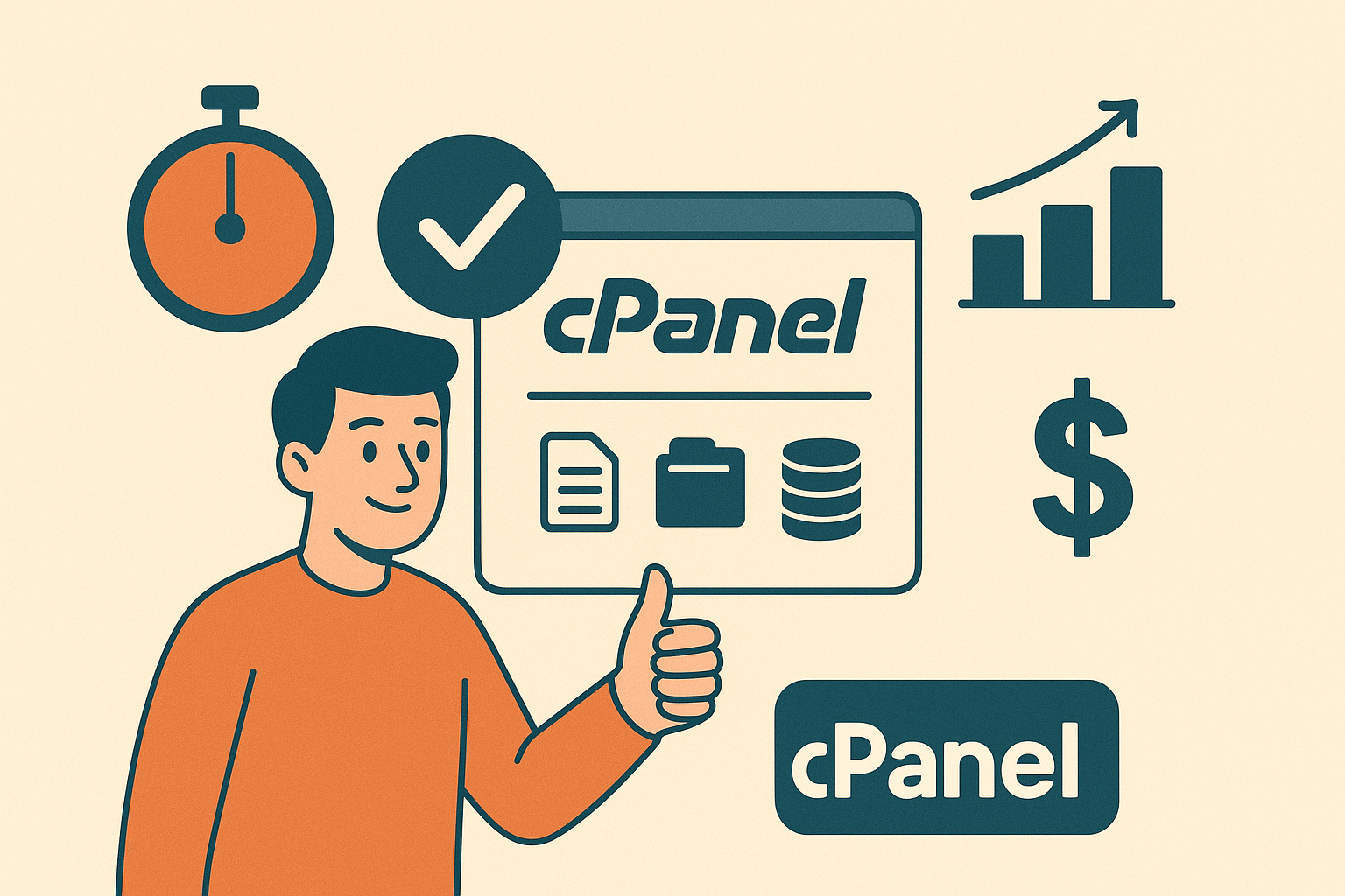 Ilustración de estilo flat que representa las ventajas de cPanel Express con íconos de velocidad, seguridad, crecimiento y gestión centralizada.