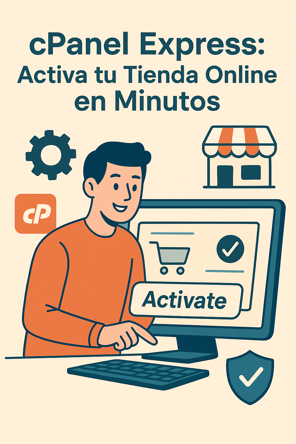Ilustración de una persona activando una tienda online desde cPanel Express con íconos de configuración, carrito de compras y seguridad.