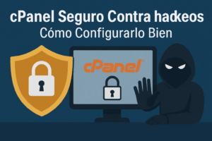 ilustración de cPanel seguro contra hackeos con escudo, candado y figura de hacker detenido frente a un monitor