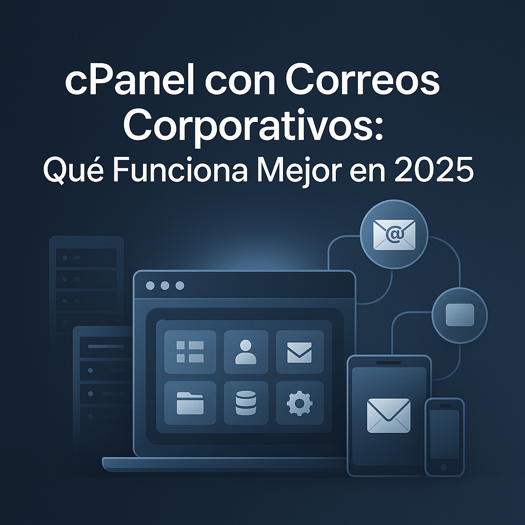 Ilustración moderna de cPanel con correos corporativos conectados a diferentes dispositivos, representando la gestión profesional de hosting y correo empresarial en 2025.