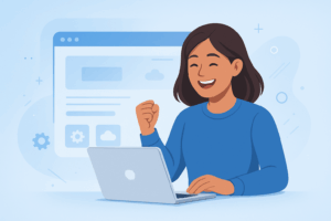 Persona sonriente frente a laptop mientras configura su sitio web con cPanel, simbolizando la simplicidad y efectividad del proceso para principiantes.