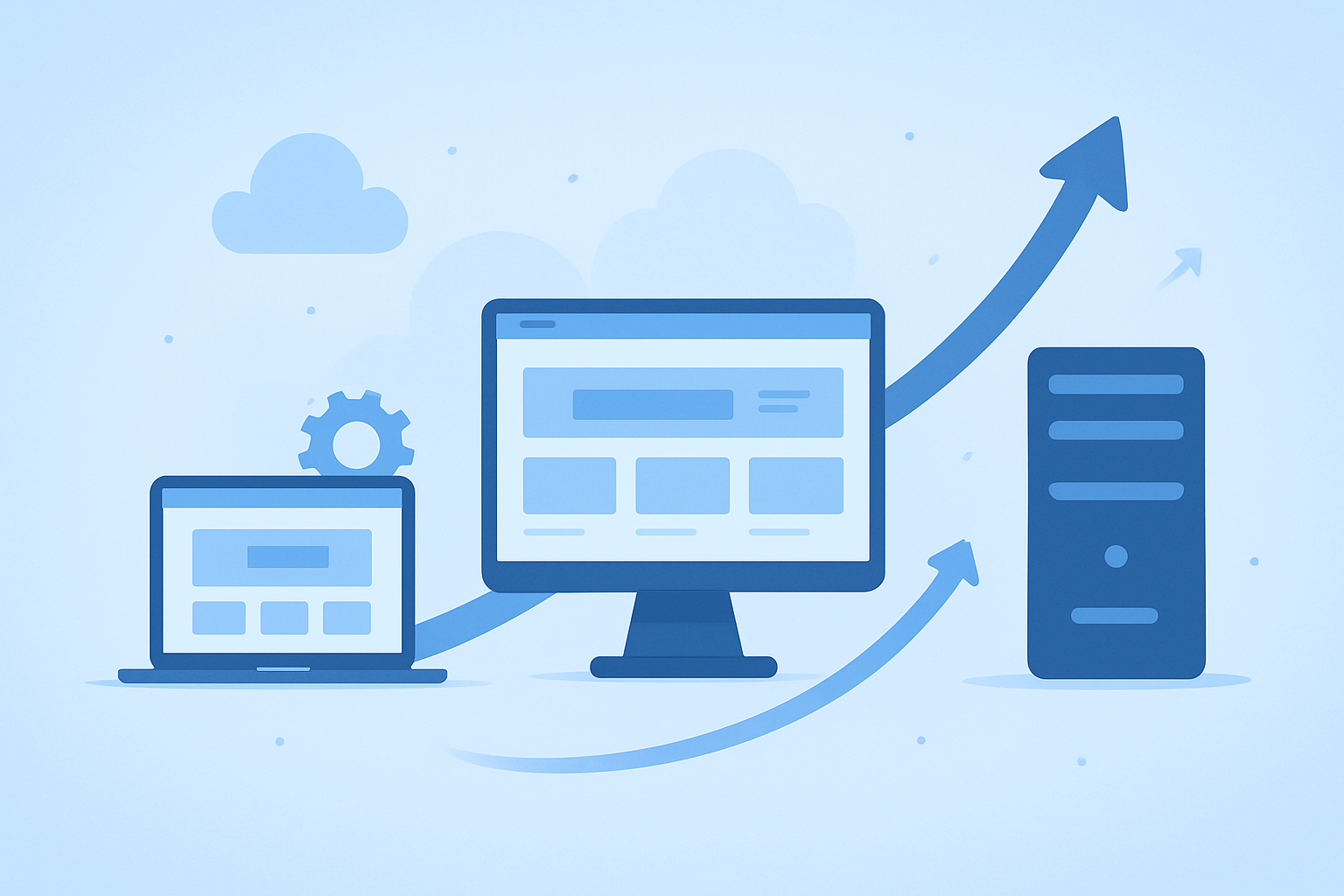 Laptop, monitor y servidor conectados por flechas ascendentes, simbolizando la escalabilidad y evolución continua de cPanel.