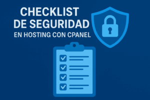 Ilustración digital con tonos azul metálico que representa la seguridad en hosting con cPanel, mostrando servidores, escudos y conexiones protegidas.