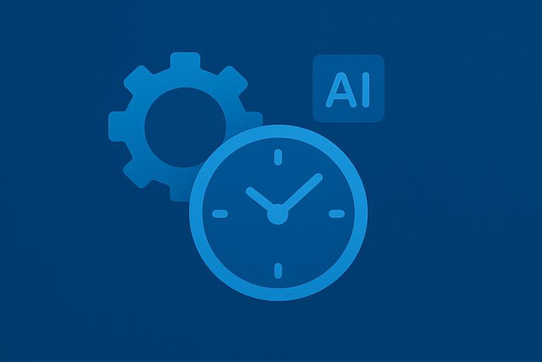 Imagen azul metálico con engranajes, reloj y símbolo de inteligencia artificial, que representa la automatización y monitoreo continuo de Checklist de Seguridad en Hosting con cPanel