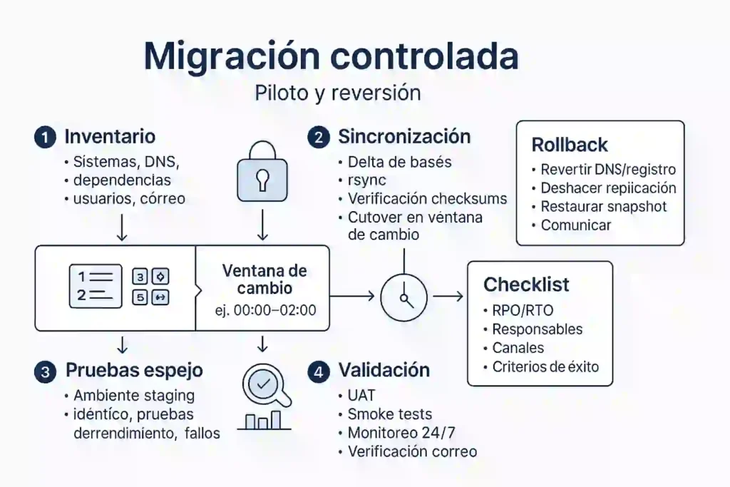 migración controlada con ventana de cambio y rollback