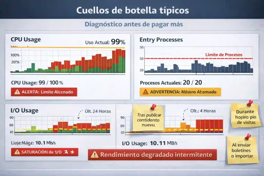 cuellos de botella de CPU e I/O en hosting cPanel
