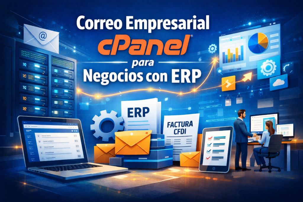 Correo Empresarial en cPanel para Negocios con ERP integrado con facturación electrónica, notificaciones del sistema y gestión administrativa empresarial.