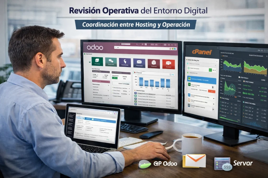 equipo administrativo revisando ERP, correo y estado general del servicio
