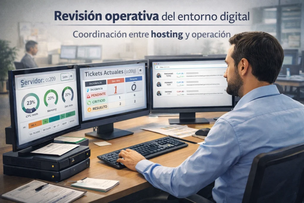 equipo administrativo revisando paneles, tickets y estado general del servicio
