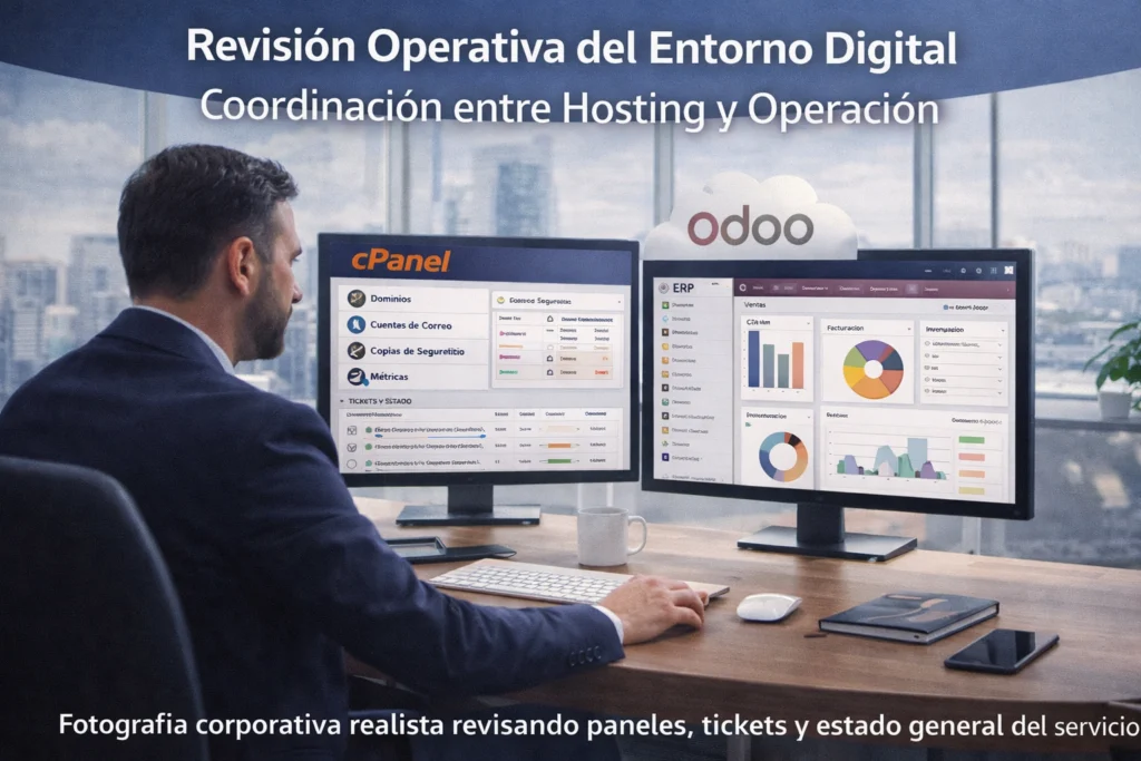 equipo administrativo revisando hosting, correo y ERP en oficina moderna