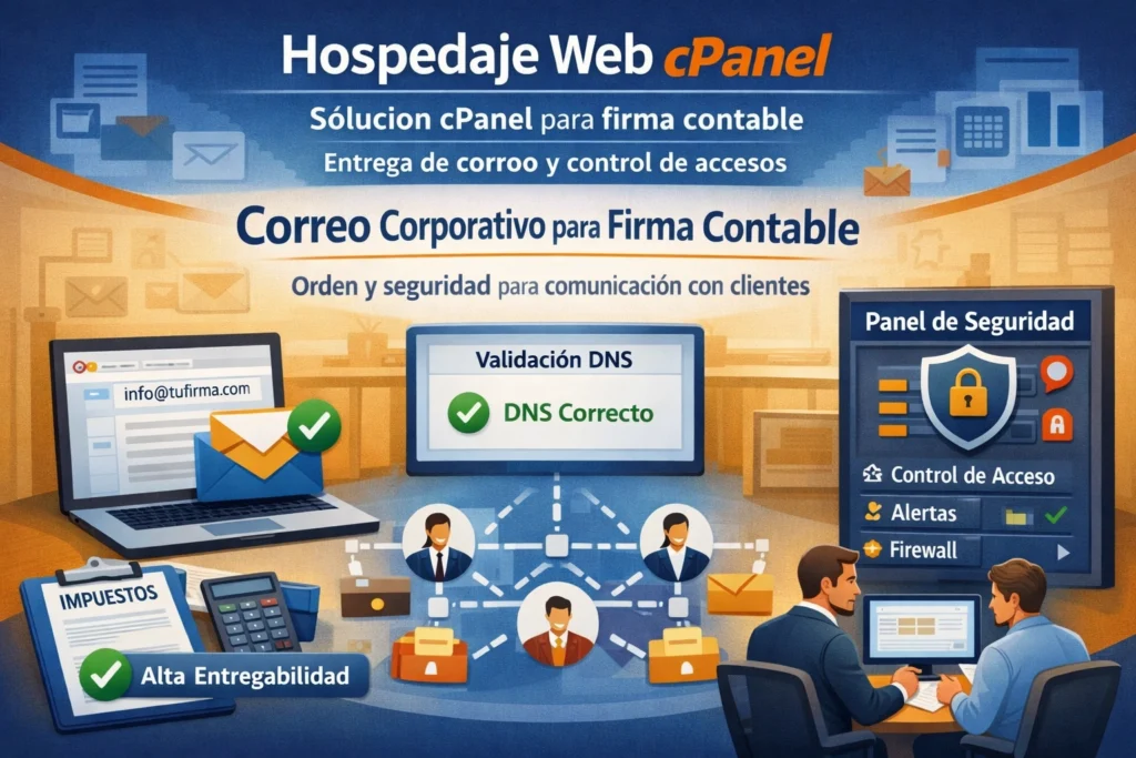 solución de hosting cPanel para firma contable con entregabilidad de correo y control de accesos