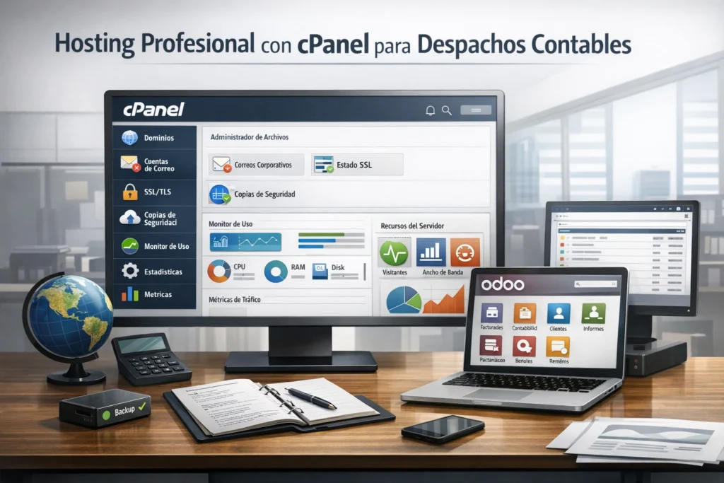 plataforma cPanel para despacho contable con respaldos, SSL y monitoreo operativo