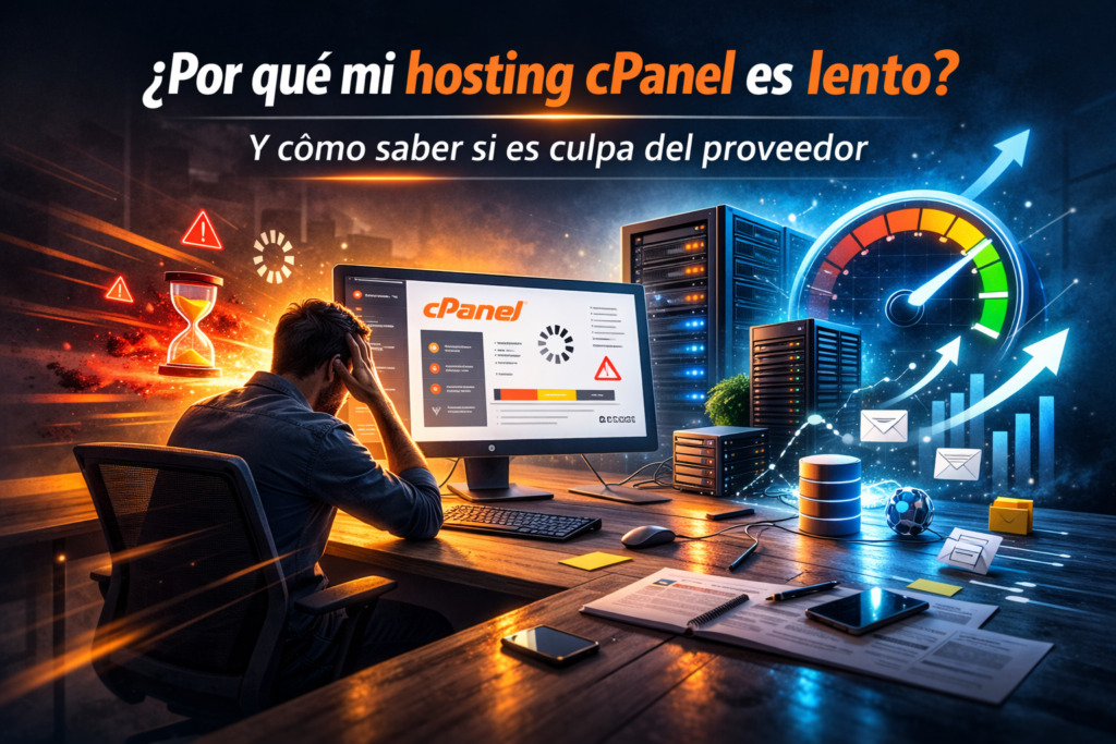 Ilustración de hosting cPanel lento con servidores y panel de control mostrando problemas de rendimiento en un servidor web