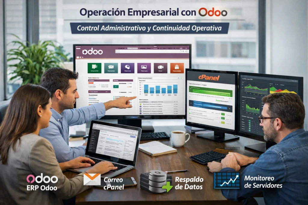 entorno empresarial con Odoo, cPanel, respaldos y monitoreo operativo diario