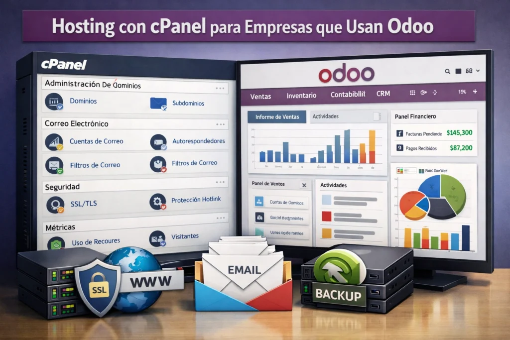 Hosting con cPanel para Empresas que Usan Odoo con panel administrativo, dominios y correo corporativo
