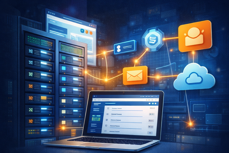 Integración de Correo Empresarial en cPanel para Negocios con ERP conectando servidores, correo corporativo y sistemas administrativos.