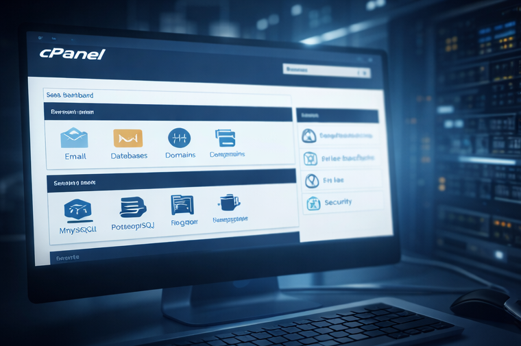 Panel de control Servidor cPanel para sistemas administrativos con gestión de correos y bases de datos