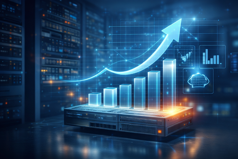 Gráfica ascendente representando crecimiento empresarial sobre servidor cPanel para sistemas administrativos