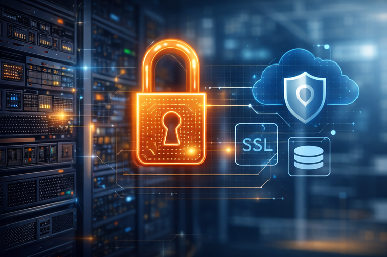 Servidor cPanel para sistemas administrativos con candado digital y certificado SSL para protección