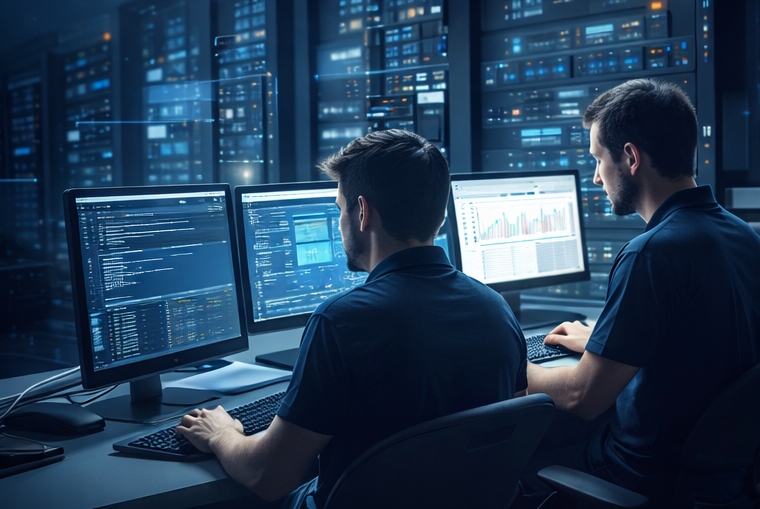 Equipo técnico gestionando servidor cPanel para sistemas administrativos en entorno empresarial moderno