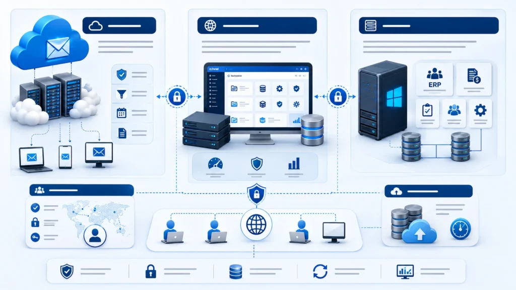 Arquitectura empresarial con Google Workspace, hosting cPanel y VPS Windows para sistemas administrativos