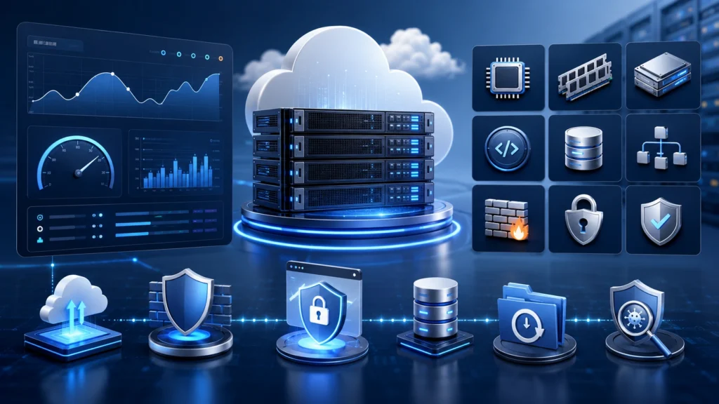 Infraestructura de hosting empresarial con seguridad, respaldos, SSL y monitoreo de recursos