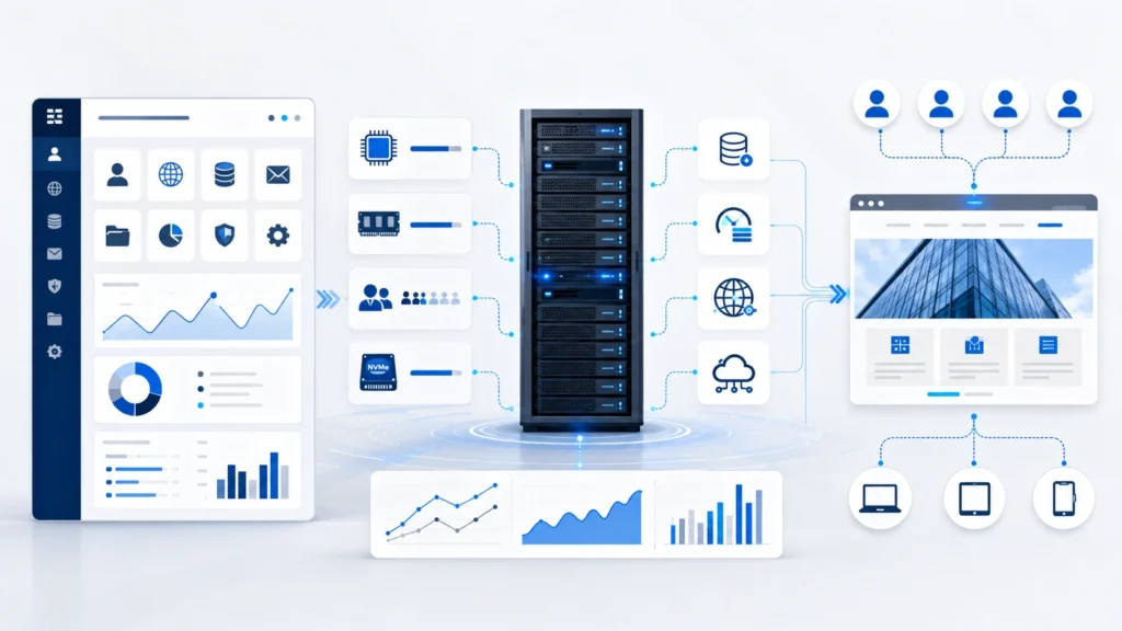 hosting rápido y confiable con CPU, memoria, almacenamiento NVMe y base de datos
